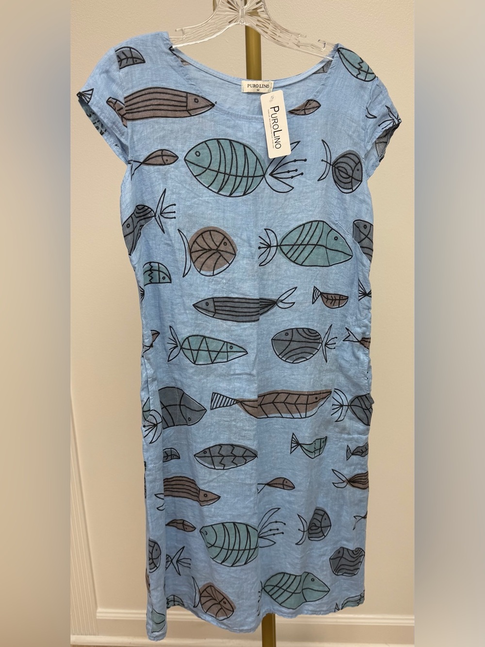 Light Blue Fish Print Cotton Dress size medium - Picture 2 of 5